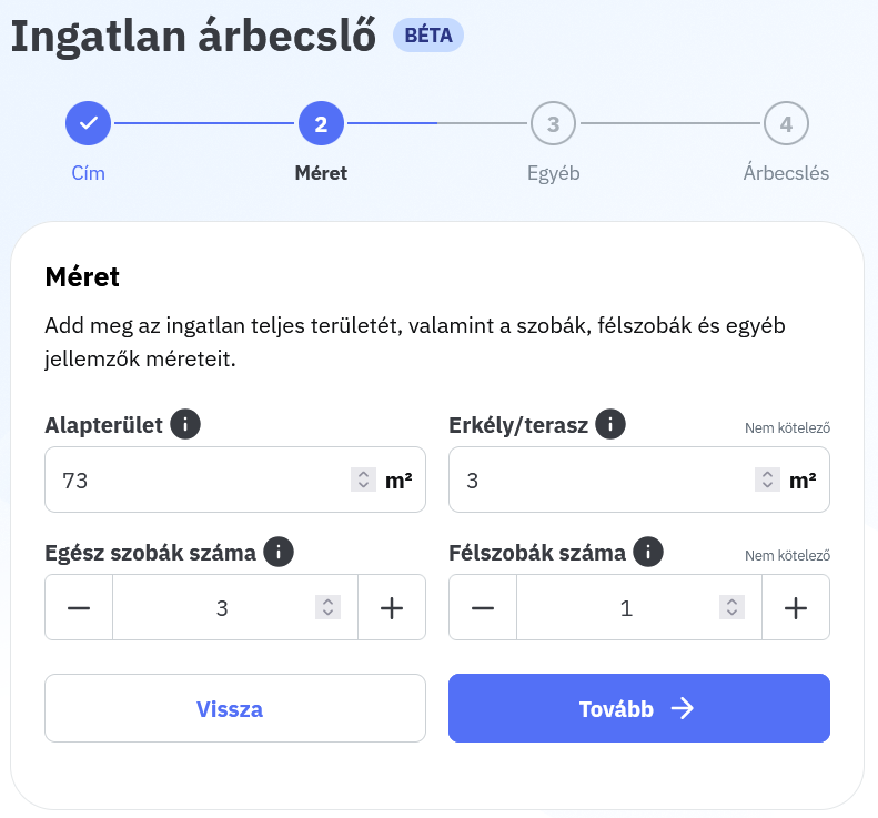 Mock of a stepped ingatlan.com listing upload flow with an inline price estimator (BÉTA), showing area, balcony, rooms and half-rooms inputs.